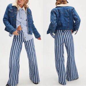 MOTHER Blue and White Striped Flare Jeans